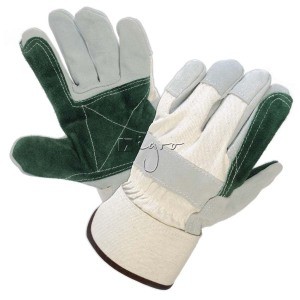 Leather work gloves with green double layer palms