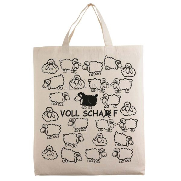 Große Souvenirtasche mit Schafmotiv "VOLL SCHARF" und kurzen Henkeln