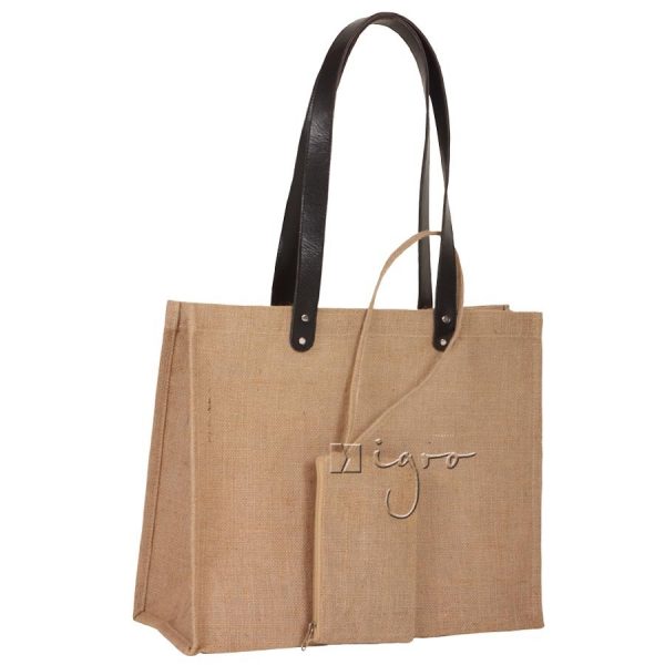 Jute Shopping Bag with Purse and Leather Handles