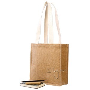 Small jute pouch for books with long handles