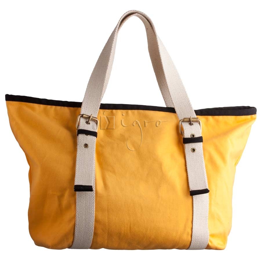 Yellow canvas shopper with woven handles