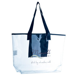 Transparente SPA-Tasche mit individuellem Logodruck und schwarzemTragegriff.