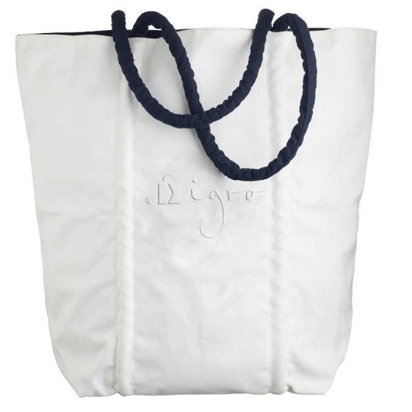 Canvas beach bag with navy blue cord handles